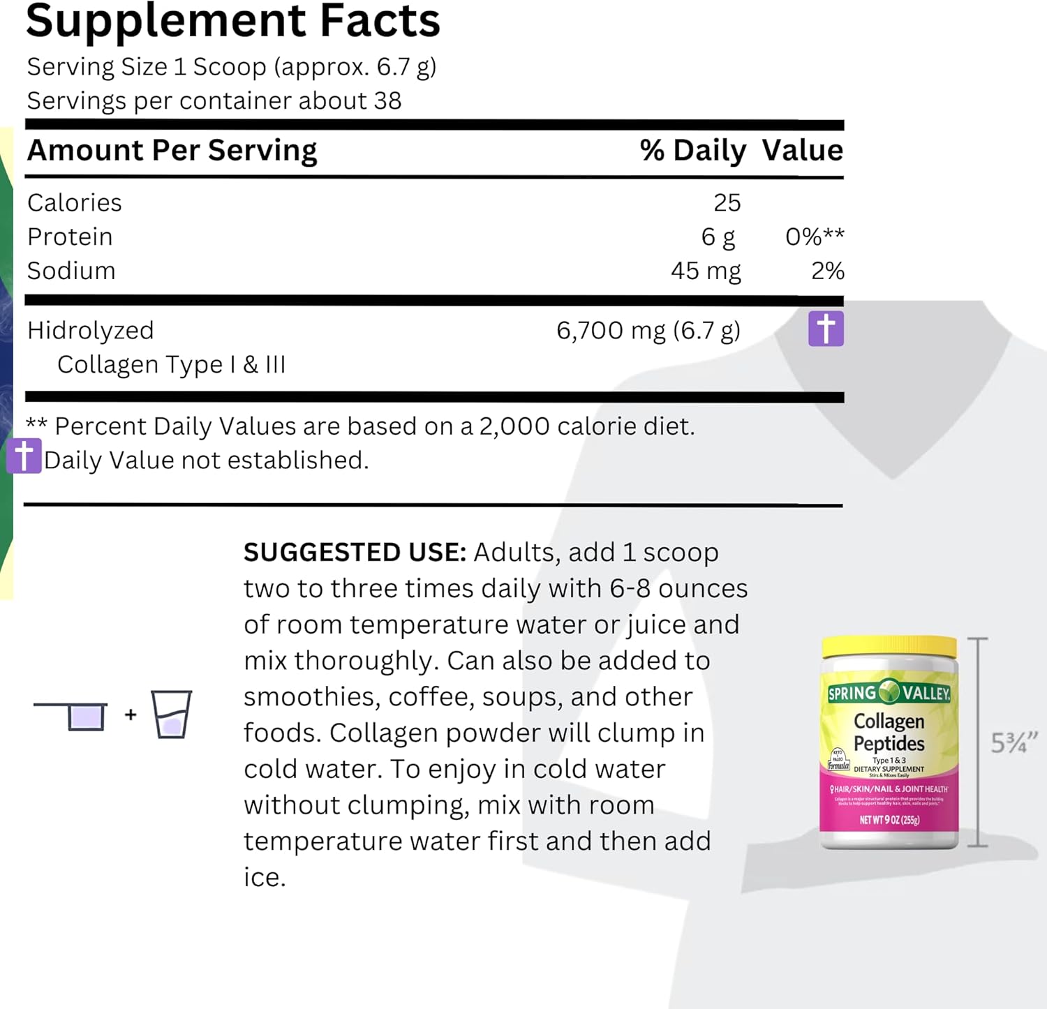 Spring Valley Collagen Peptides Powder 255g - Hydrolyzed Protein for Hair, Skin, and Joints - Type I & III - Keto-Friendly Supplement for Women & Men