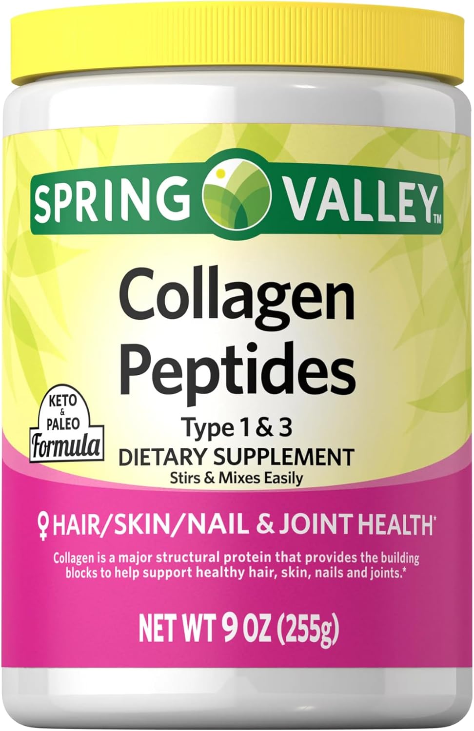 Spring Valley Collagen Peptides Powder 255g - Hydrolyzed Protein for Hair, Skin, and Joints - Type I & III - Keto-Friendly Supplement for Women & Men