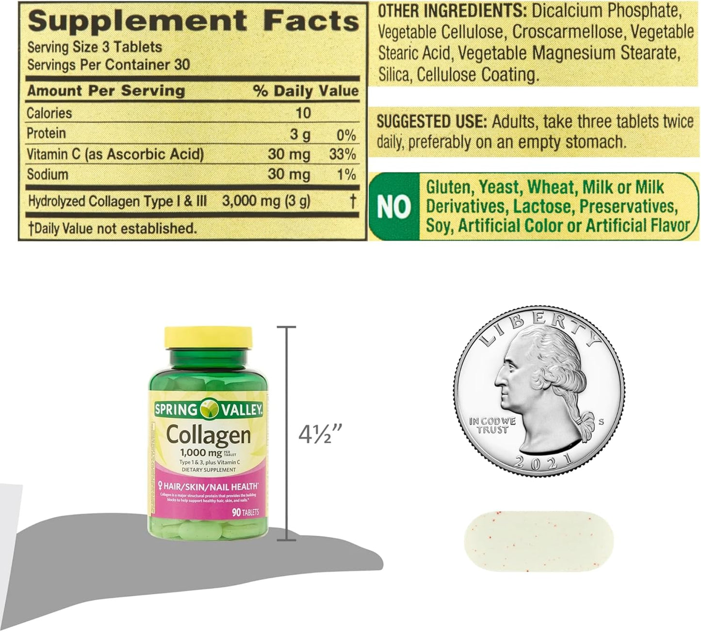 Spring Valley Collagen Type 1 & 3 with Vitamin C Tablets for Hair, Skin, and Nails - 1,000mg, 90 Count