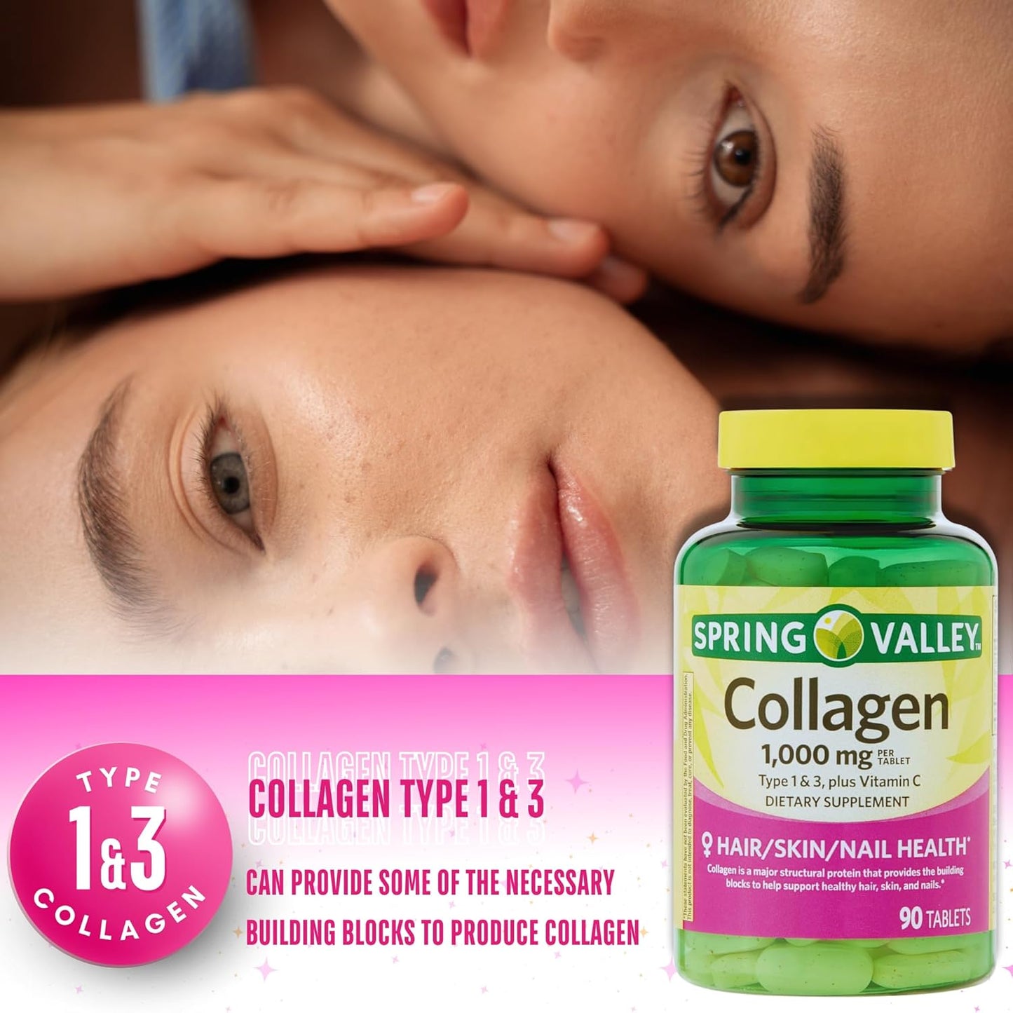 Spring Valley Collagen Type 1 & 3 with Vitamin C Tablets for Hair, Skin, and Nails - 1,000mg, 90 Count