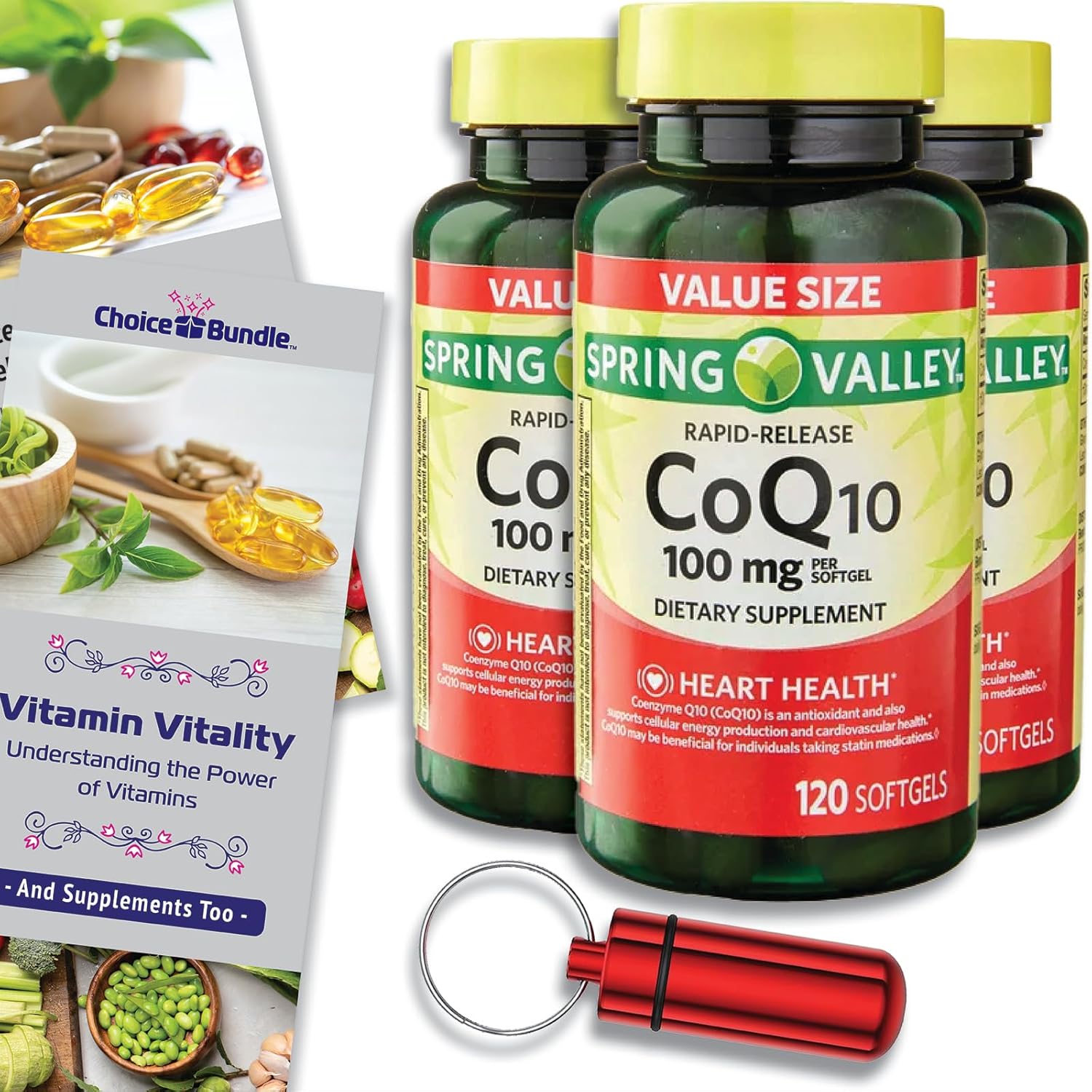 Spring Valley CoQ10 Softgels 100mg 120 CT 3 pk Bundle with Bonus “Vitamin Vitality” Guide & Pill Container