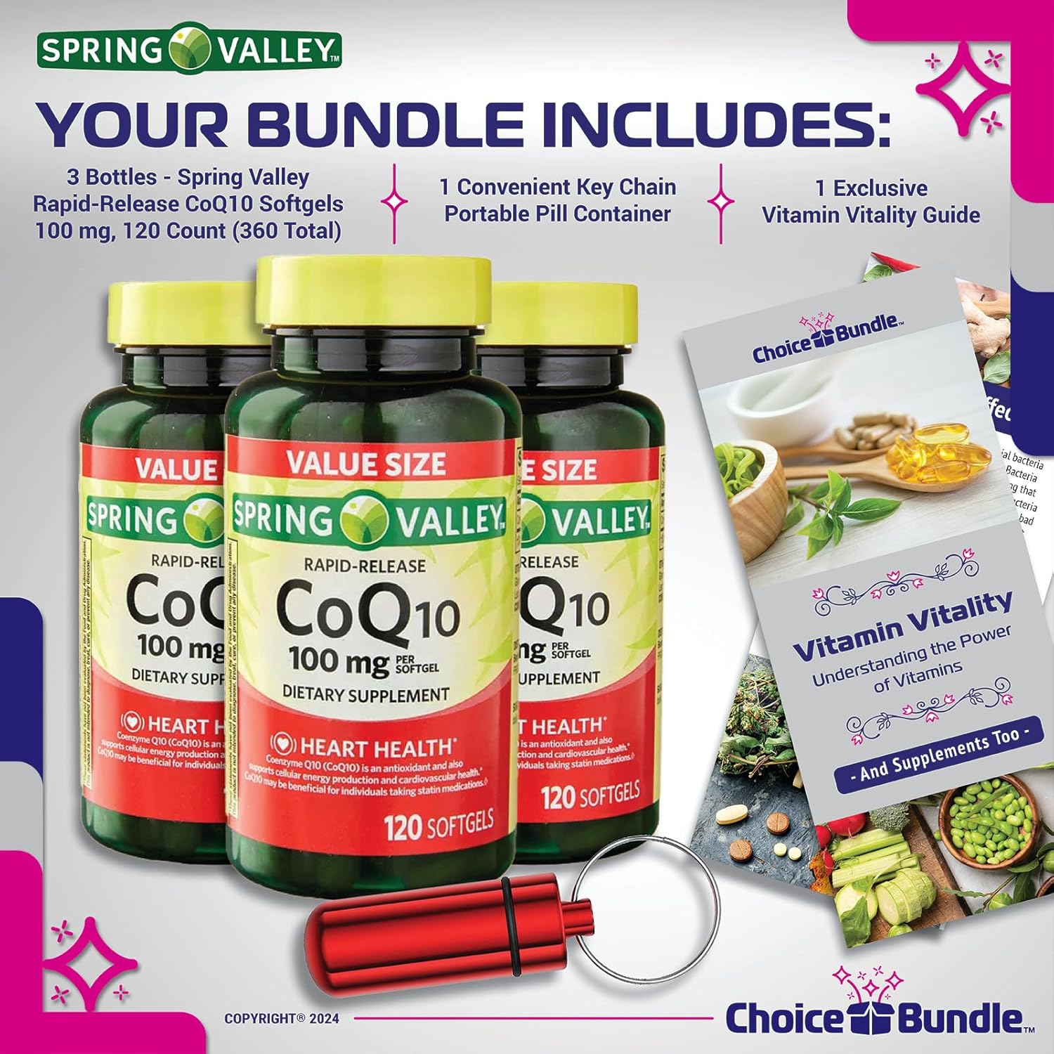 Spring Valley CoQ10 Softgels 100mg 120 CT 3 pk Bundle with Bonus “Vitamin Vitality” Guide & Pill Container