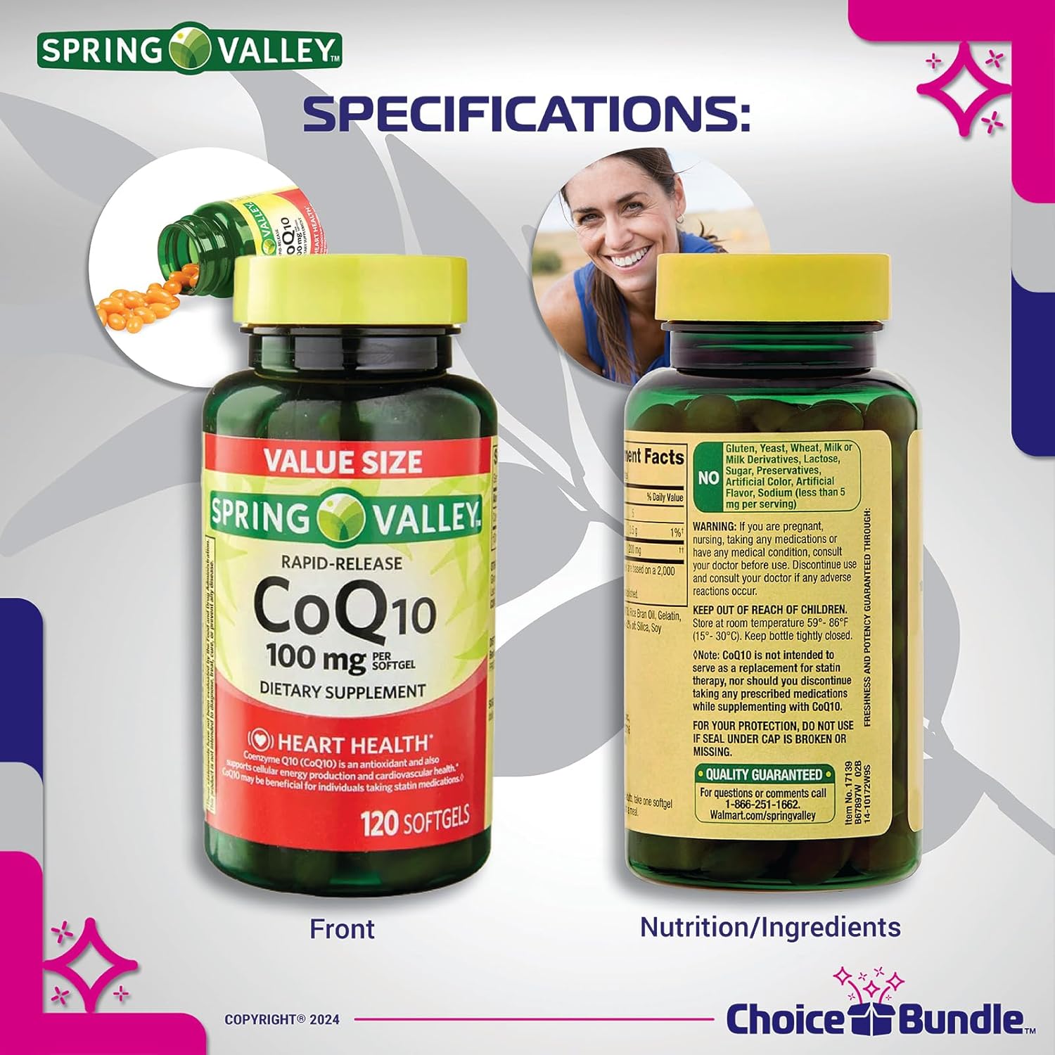 Spring Valley CoQ10 Softgels 100mg 120 CT 3 pk Bundle with Bonus “Vitamin Vitality” Guide & Pill Container