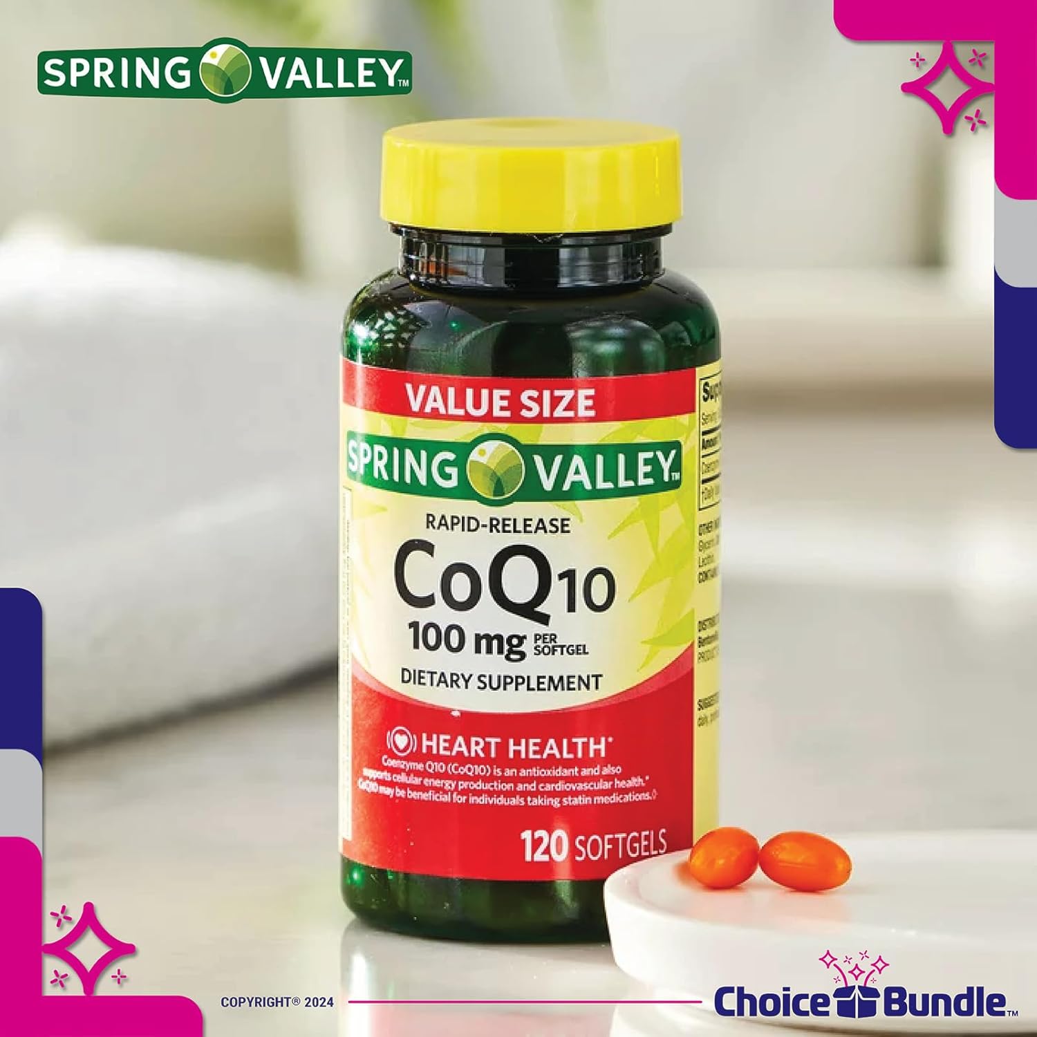 Spring Valley CoQ10 Softgels 100mg 120 CT 3 pk Bundle with Bonus “Vitamin Vitality” Guide & Pill Container
