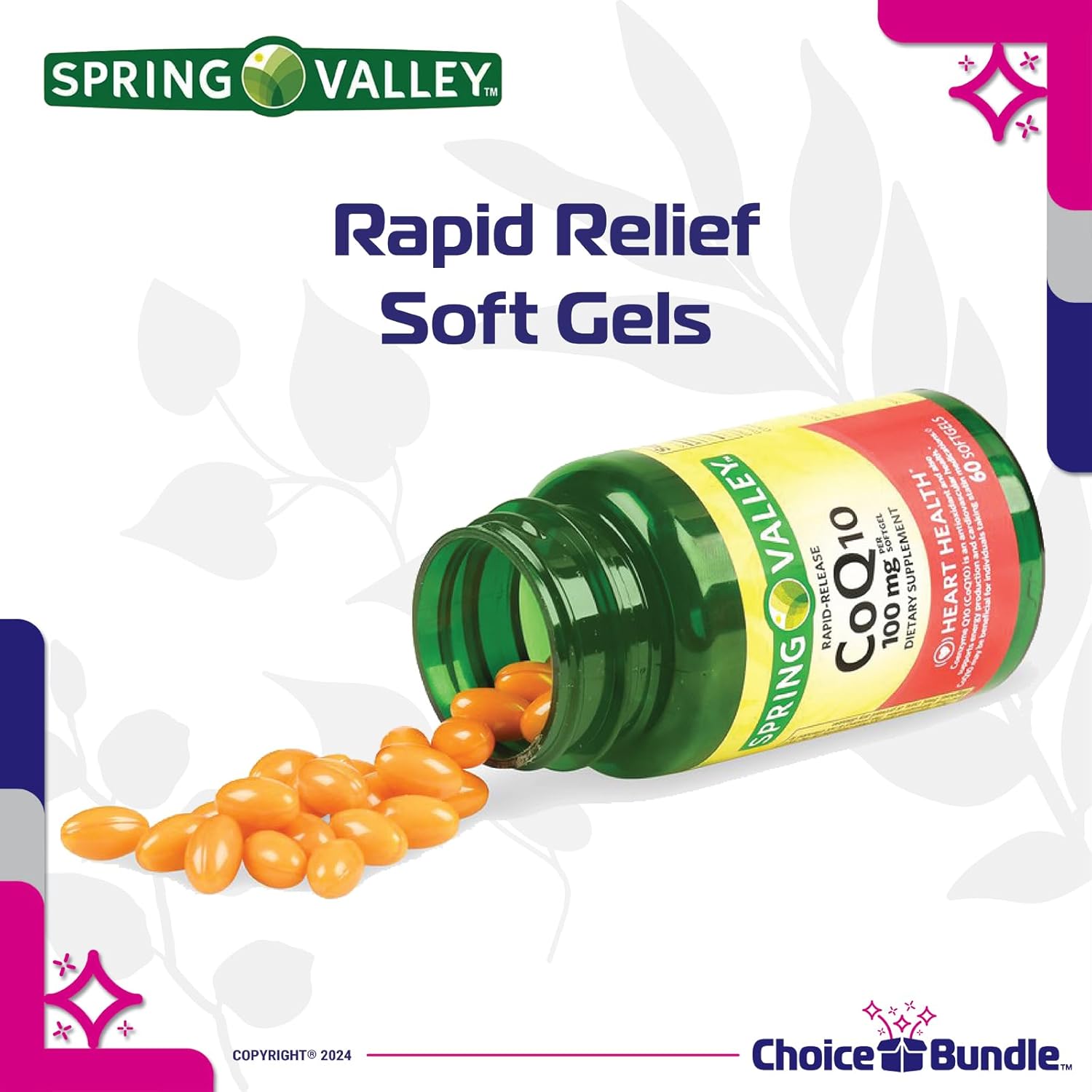 Spring Valley CoQ10 Softgels 100mg 120 CT 3 pk Bundle with Bonus “Vitamin Vitality” Guide & Pill Container