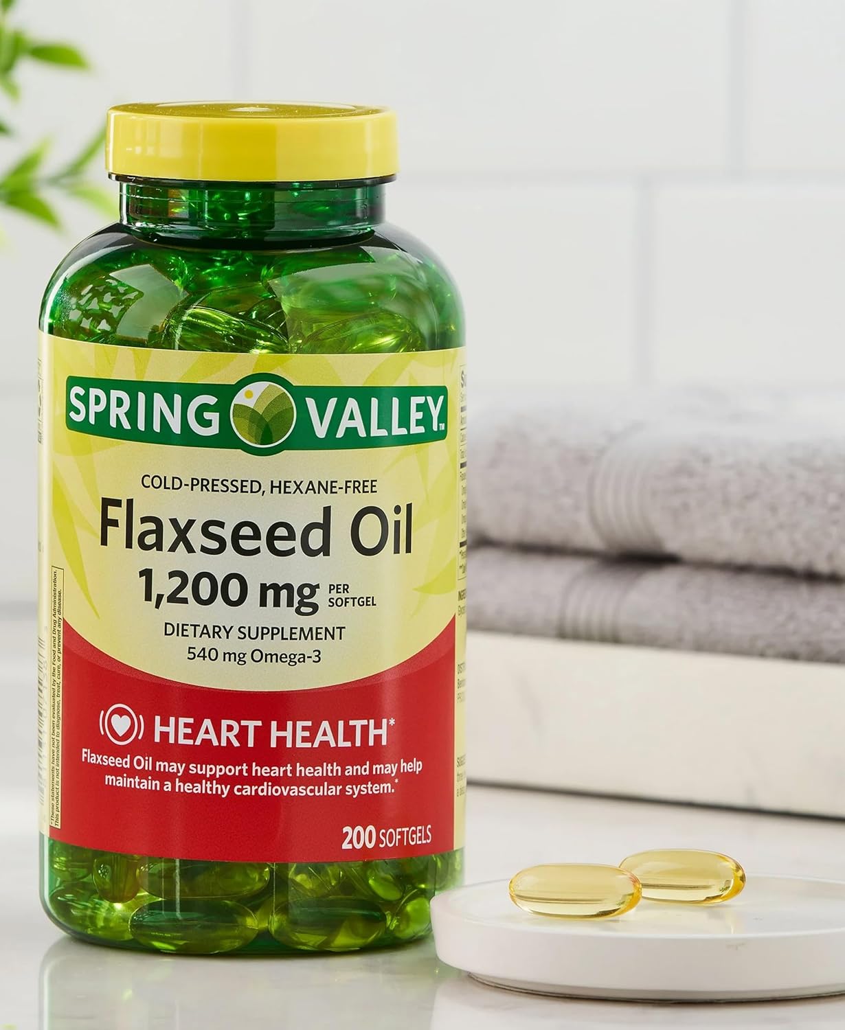 Spring Valley Flaxseed Oil Softgels, 1200mg with Omega 3, 540mg, 200 Count - Cardiovascular Support for Heart Health