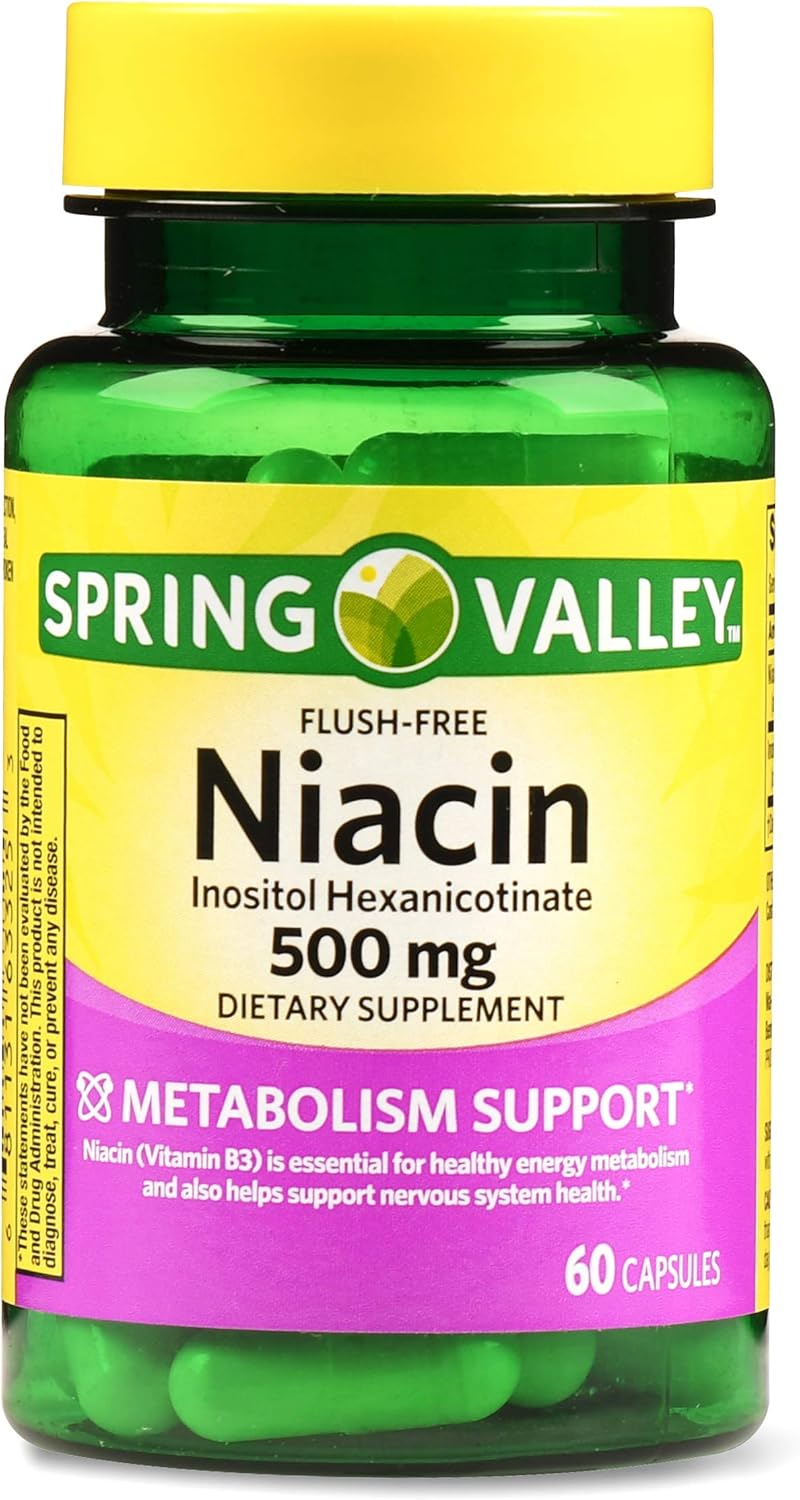 Spring Valley Flush-free Niacin 500 mg Capsules for Metabolism Support - 120 Capsules in Total