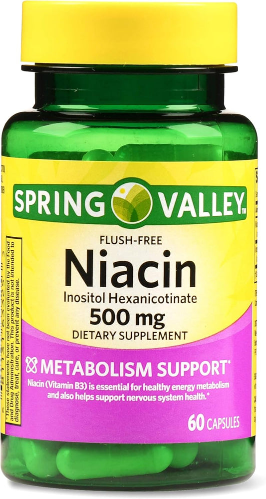 Spring Valley Flush-free Niacin 500 mg Capsules for Metabolism Support - 120 Capsules in Total