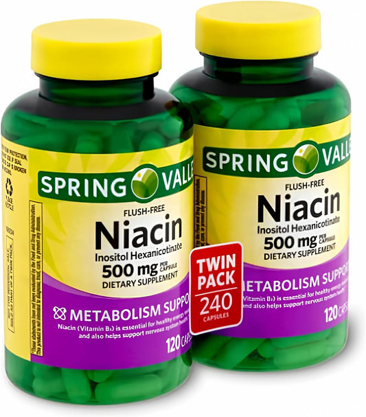 Spring Valley Flush Free Niacin B-3 500mg Capsules - 240 Count (2 Bottles of 120)