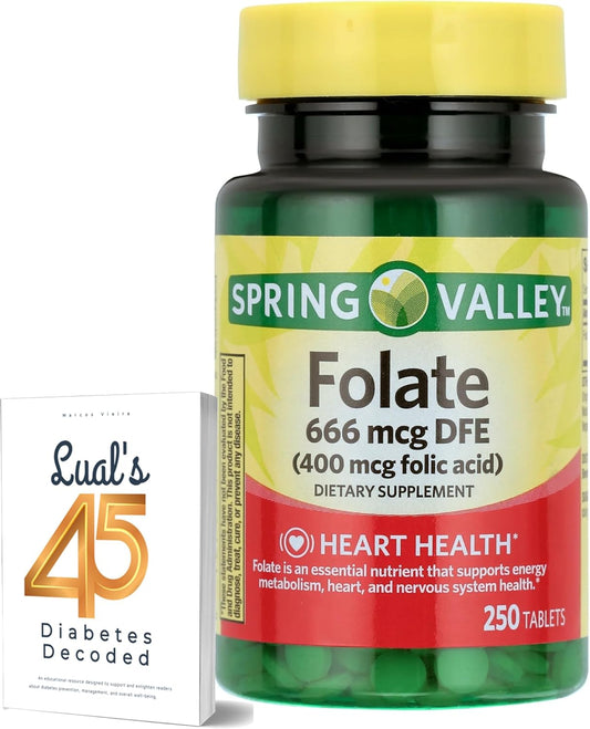 Spring Valley Folate 666 mcg DFE (400 mg Folic Acid) Bundle with Lual's 45 Diabetes Decoded - Folate Supplement for Women - Folate Vitamin 250 Count