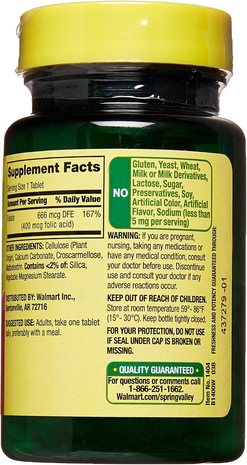 Spring Valley Folic Acid Supplement - 400 mcg, 250 Tablets for Healthy Pregnancy and Heart Health