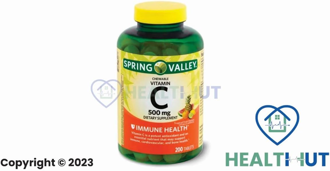 Spring Valley Health Hut - 200 Chewable Tablets of 500mg Vitamin C, Multiple Fruit Flavors (2 Pack) with Mini Travel Pill Container