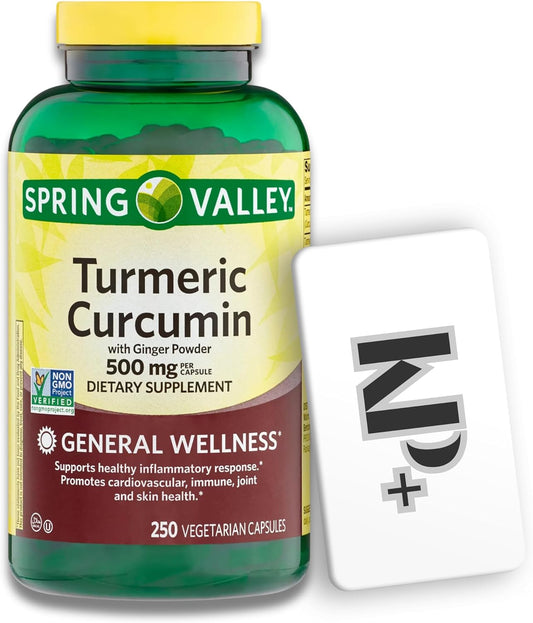 Spring Valley KP+ Turmeric Curcumin Capsules with Ginger Powder - 500mg, 250 Count - Vegetarian Dietary Supplement for General Wellness
