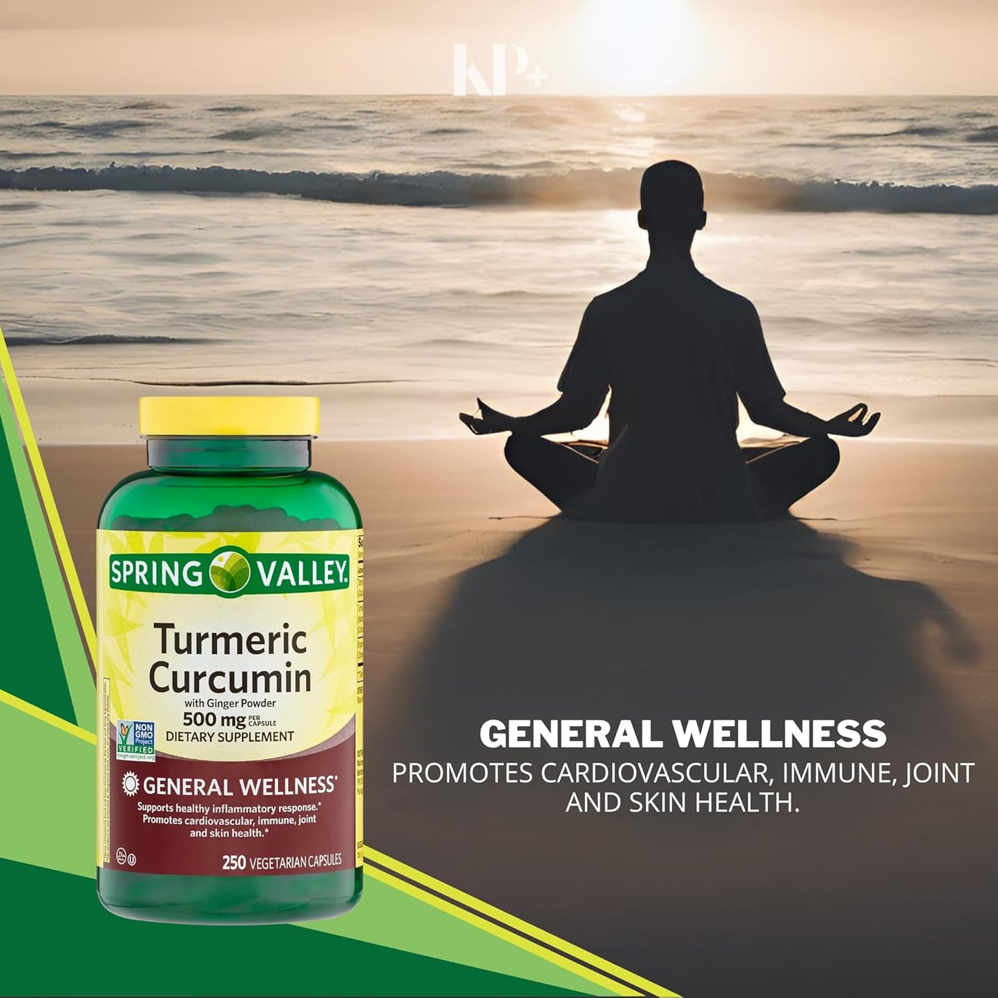 Spring Valley KP+ Turmeric Curcumin Capsules with Ginger Powder - 500mg, 250 Count - Vegetarian Dietary Supplement for General Wellness