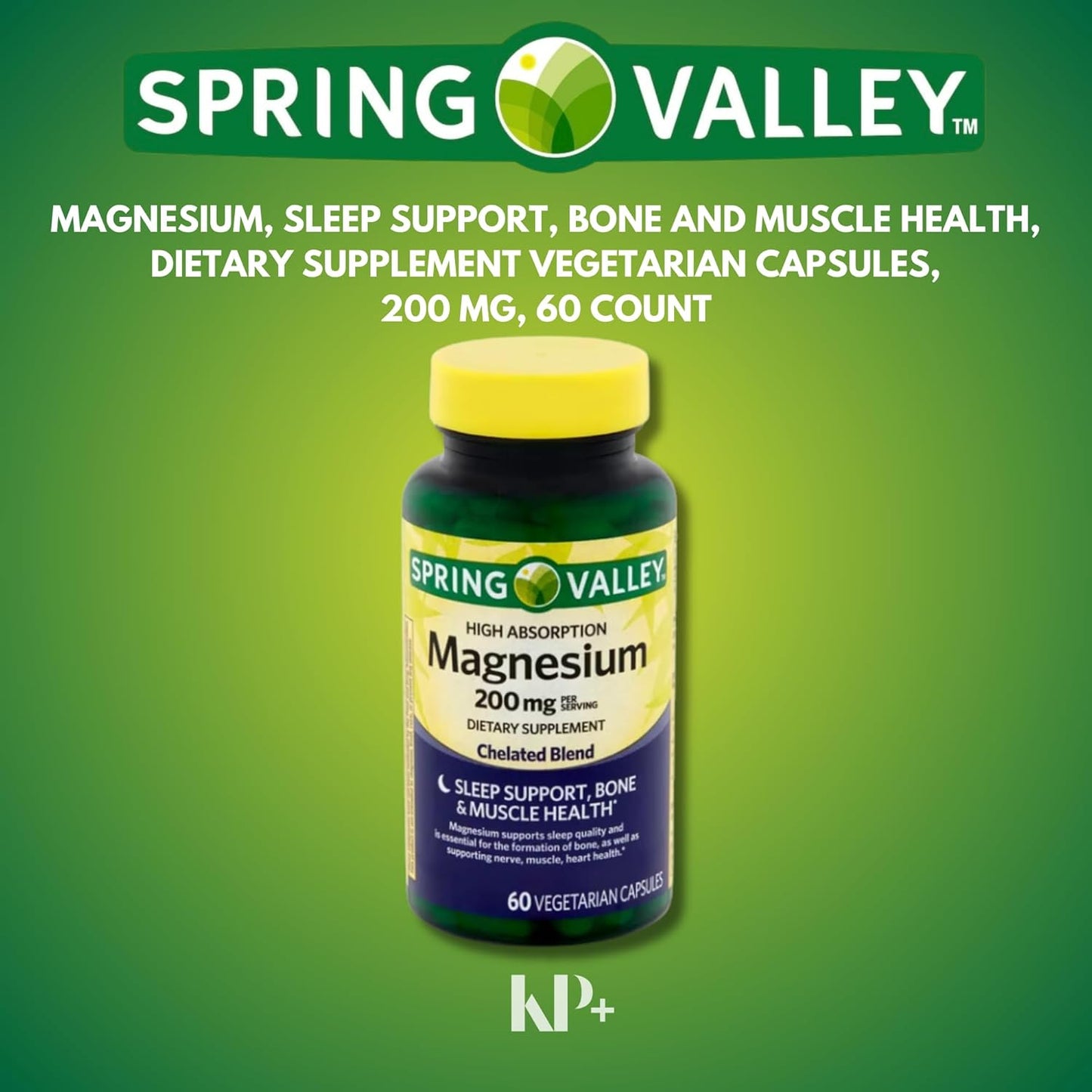 Spring Valley Magnesium Dietary Supplement Capsules 200mg 60 Count + KPplus Sticker for Bone and Muscle Health