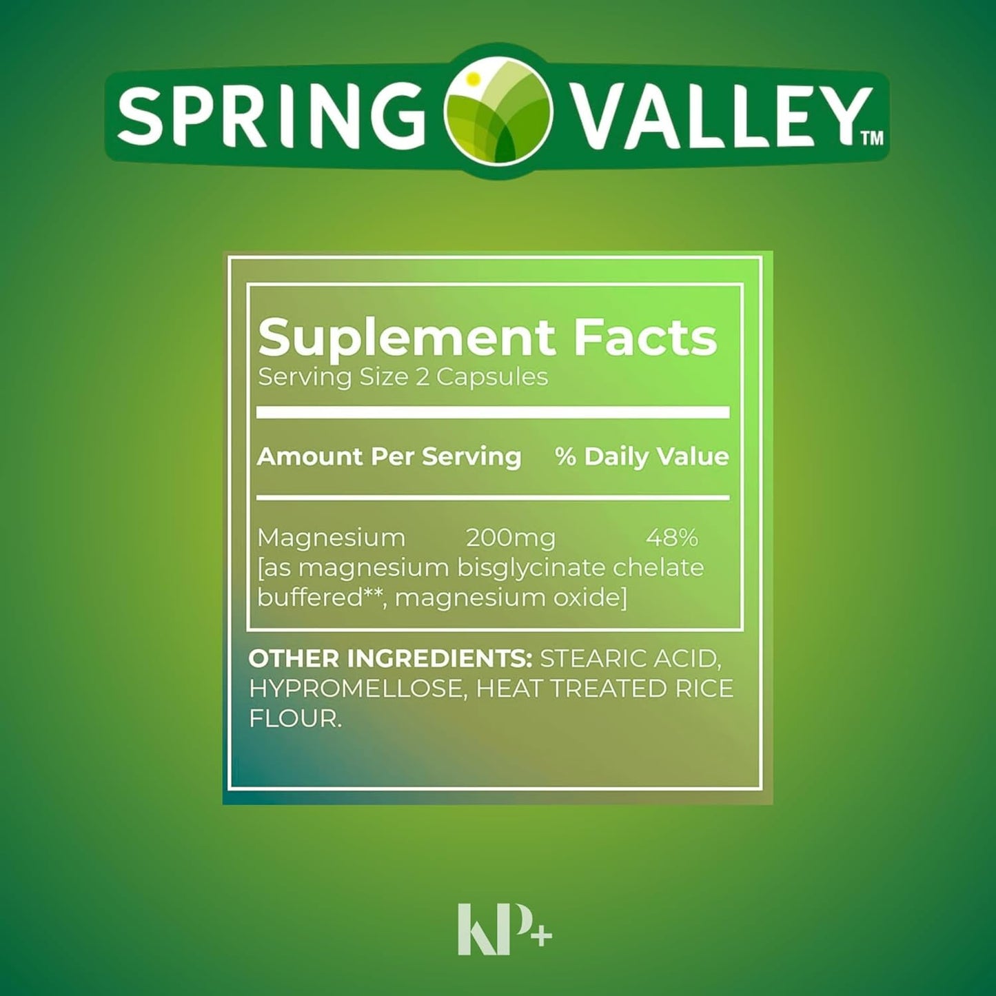 Spring Valley Magnesium Dietary Supplement Capsules 200mg 60 Count + KPplus Sticker for Bone and Muscle Health