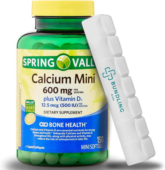 Spring Valley Mini Calcium Pills with Vitamin D3 + 7 Day Pill Organizer - 150 Mini Softgels Dietary Supplement