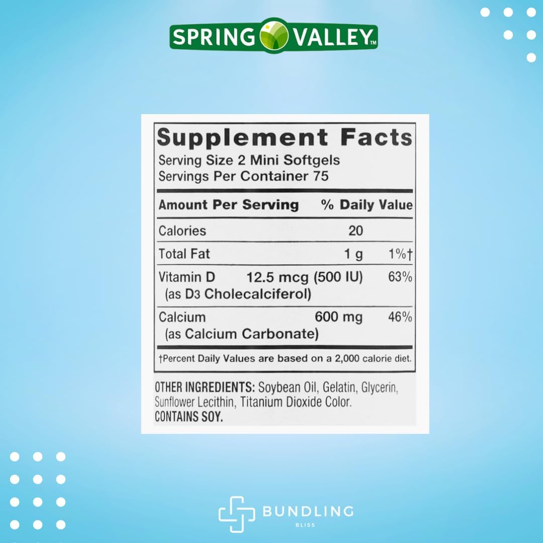 Spring Valley Mini Calcium Pills with Vitamin D3 + 7 Day Pill Organizer - 150 Mini Softgels Dietary Supplement
