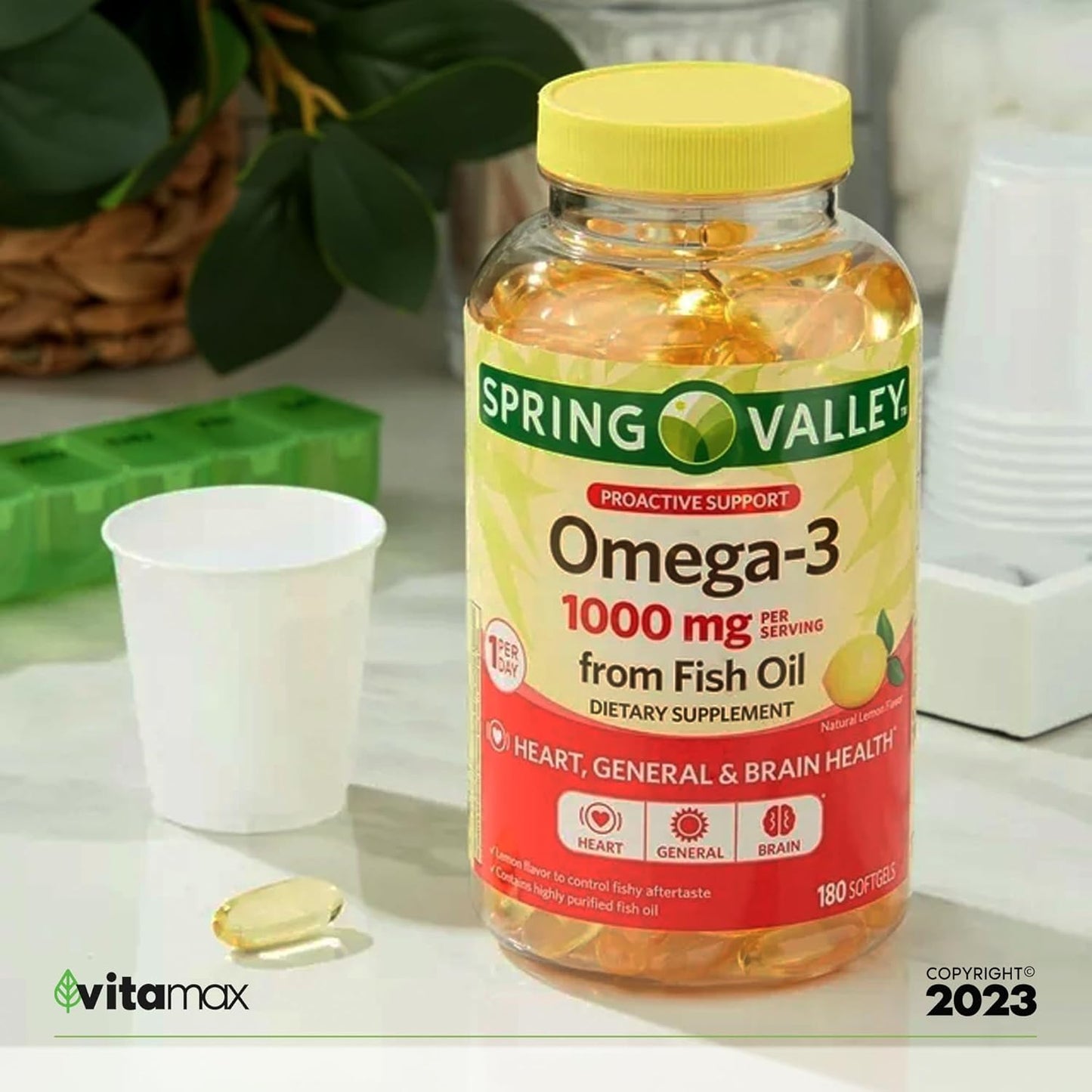 Spring Valley Omega-3 Fish Oil 1000mg, 180 Count + VitaMax Vitamin Guide - Maximum Care Bundle