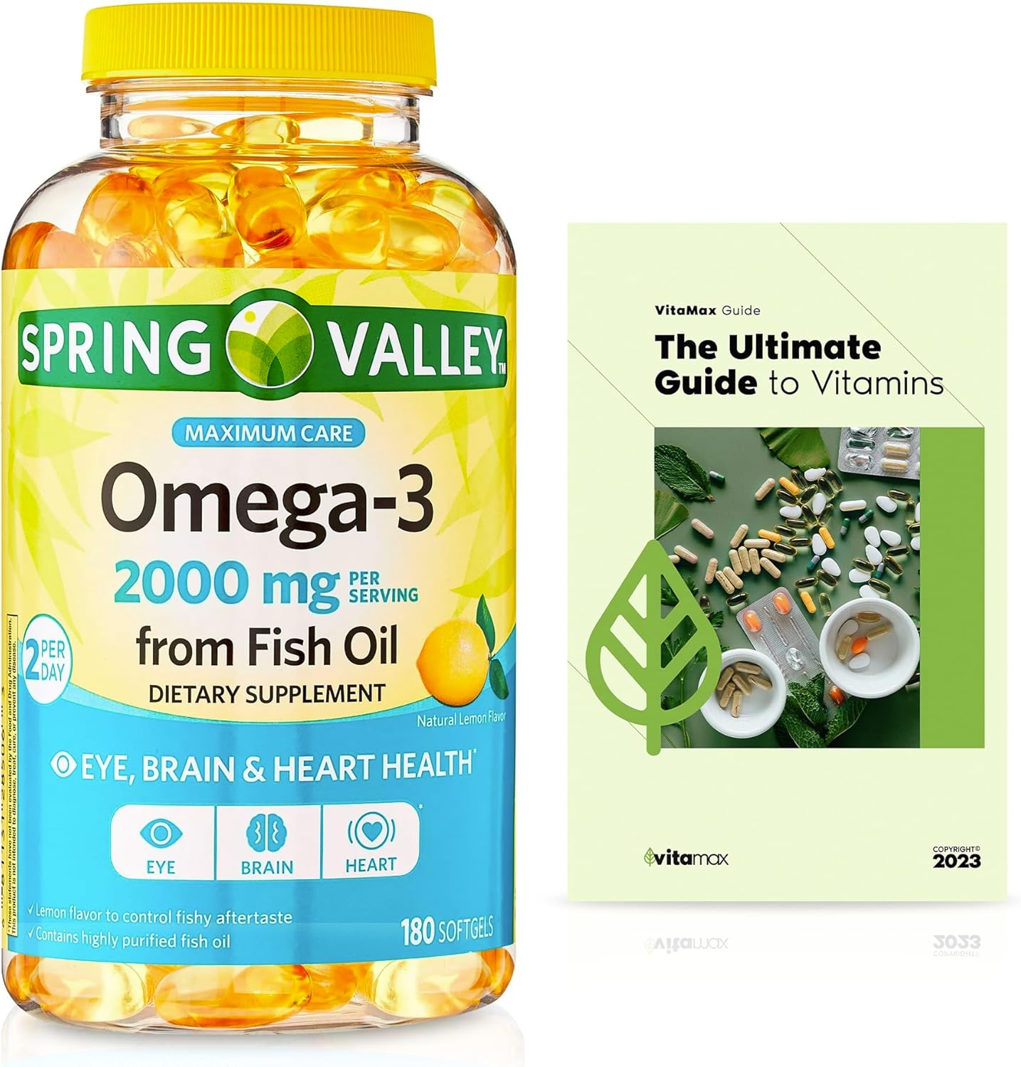 Spring Valley Omega-3 Fish Oil 2000 mg Softgels, 180 Count + VitaMax Vitamin Guide