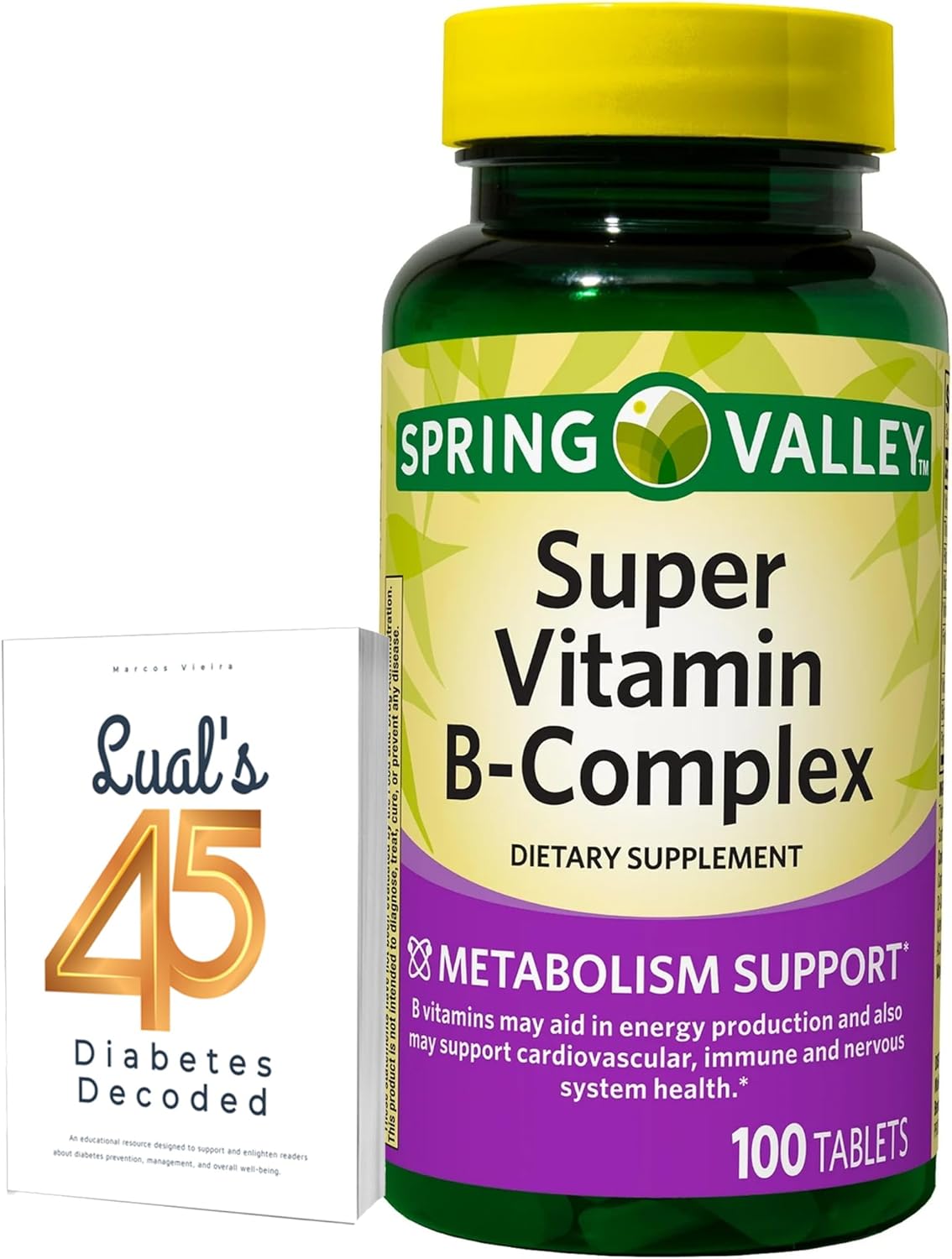 Spring Valley Super B Complex Vitamins Bundle with Lual's 45 Diabetes Decoded - 100 Tablets