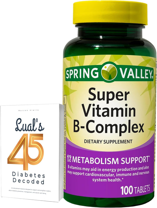 Spring Valley Super B Complex Vitamins Bundle with Lual's 45 Diabetes Decoded - 100 Tablets