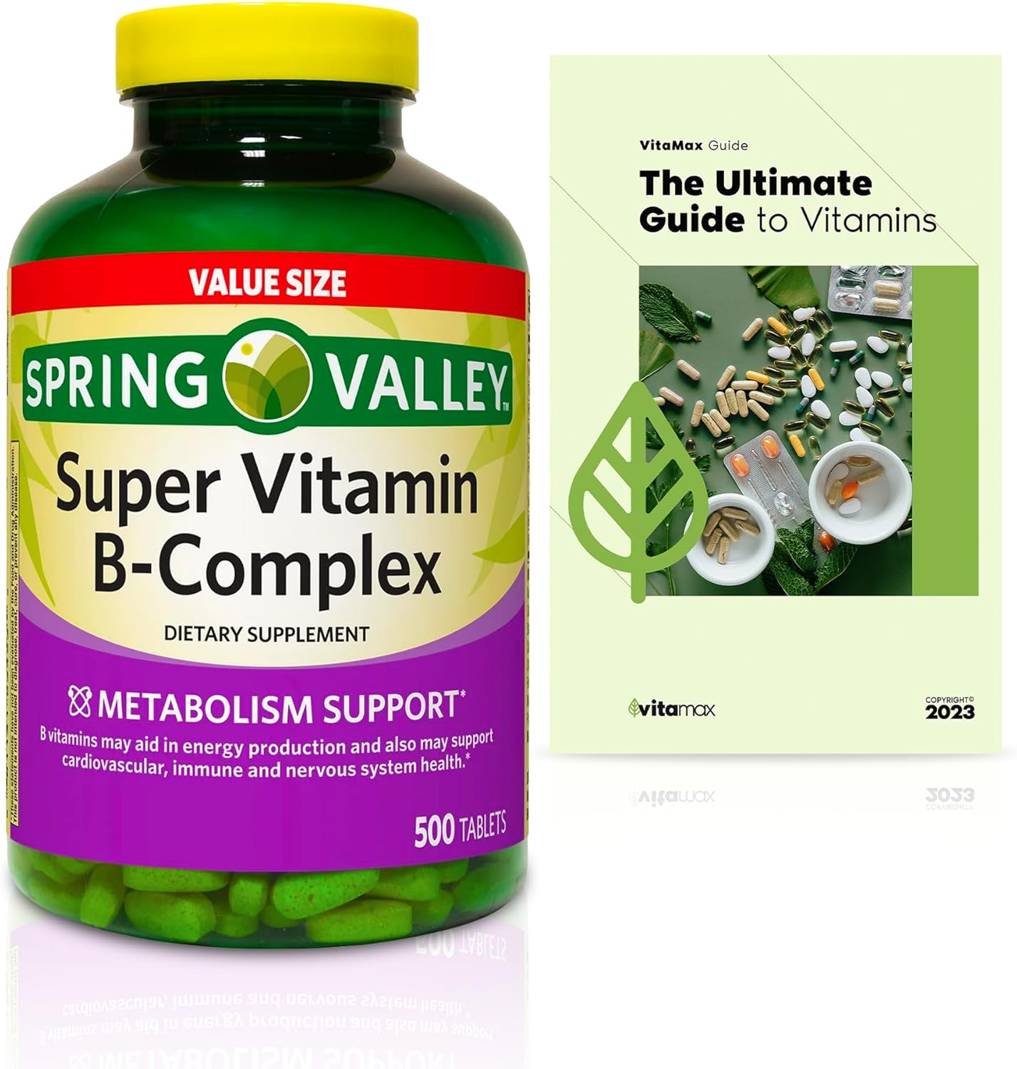 Spring Valley Super Vitamin B-Complex Tablets Dietary Supplement, 500 Count Value Size with VitaMax Vitamin Guide