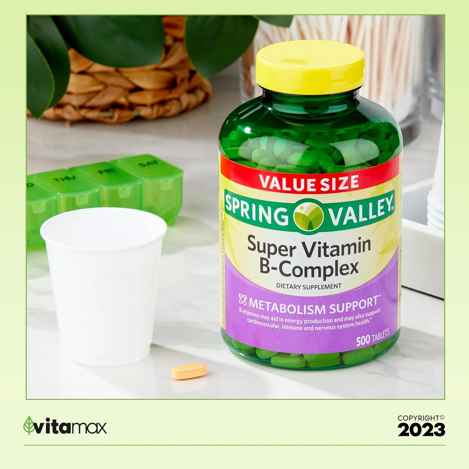 Spring Valley Super Vitamin B-Complex Tablets Dietary Supplement, 500 Count Value Size with VitaMax Vitamin Guide