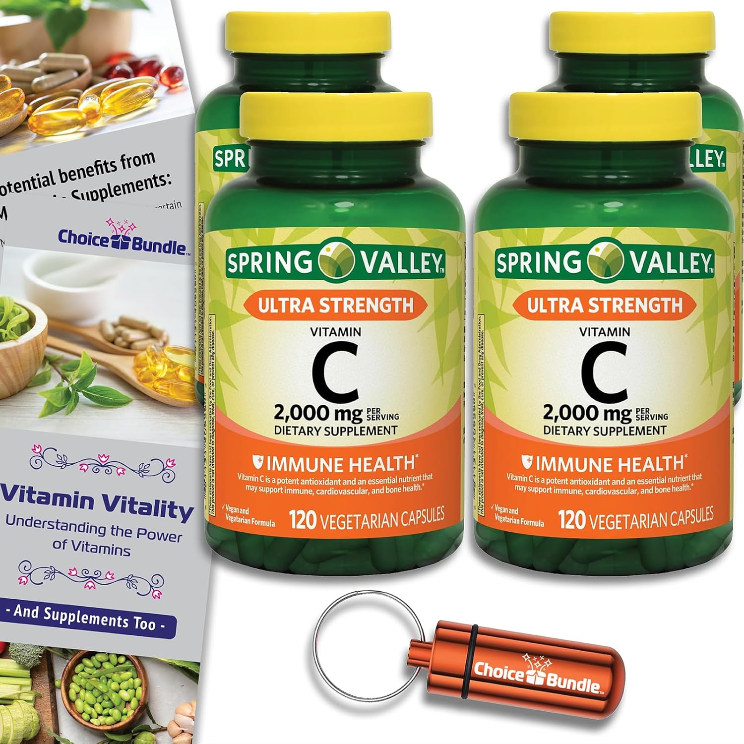 Spring Valley Ultra Strength Vitamin C Capsules 2,000 mg 120 Ct 4 pk Bundle with Vitamin Guide & Pill Container (480 Total)