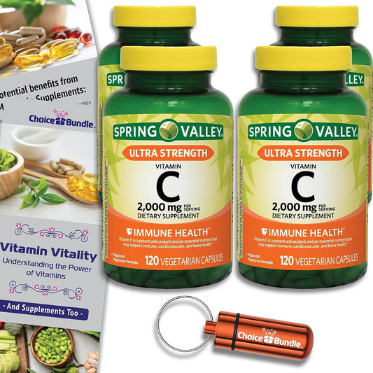 Spring Valley Ultra Strength Vitamin C Capsules 2,000 mg 120 Ct 4 pk Bundle with Vitamin Guide & Pill Container (480 Total)