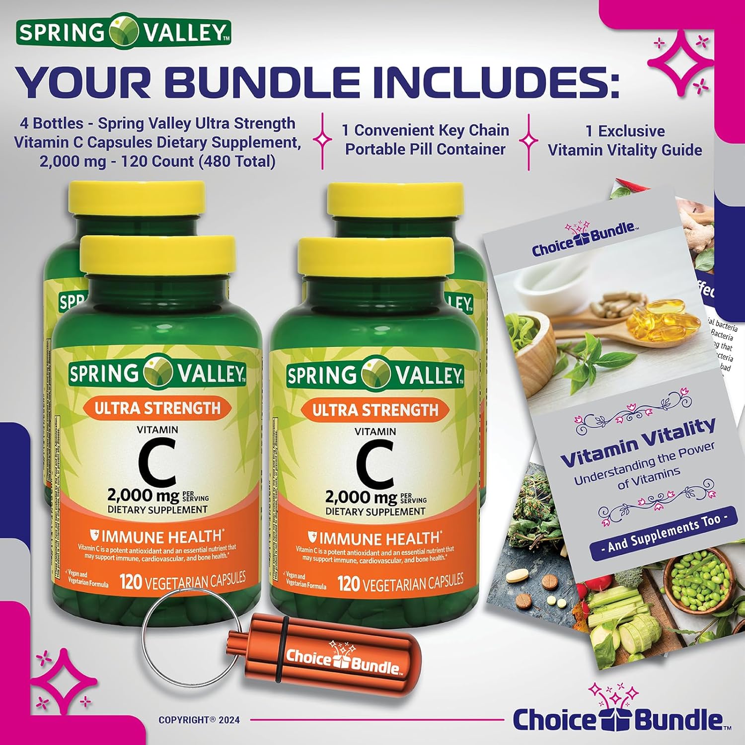 Spring Valley Ultra Strength Vitamin C Capsules 2,000 mg 120 Ct 4 pk Bundle with Vitamin Guide & Pill Container (480 Total)