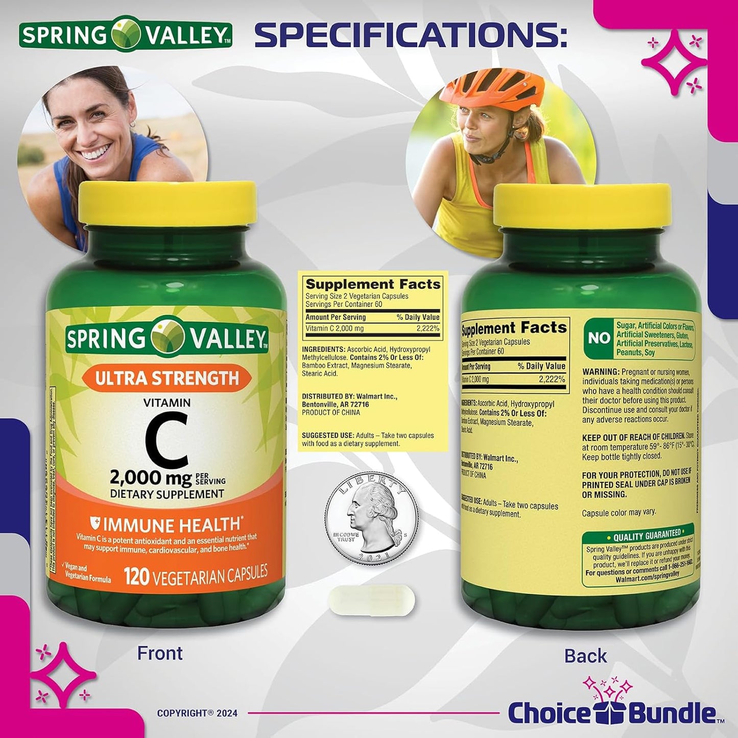 Spring Valley Ultra Strength Vitamin C Capsules 2,000 mg 120 Ct 4 pk Bundle with Vitamin Guide & Pill Container (480 Total)