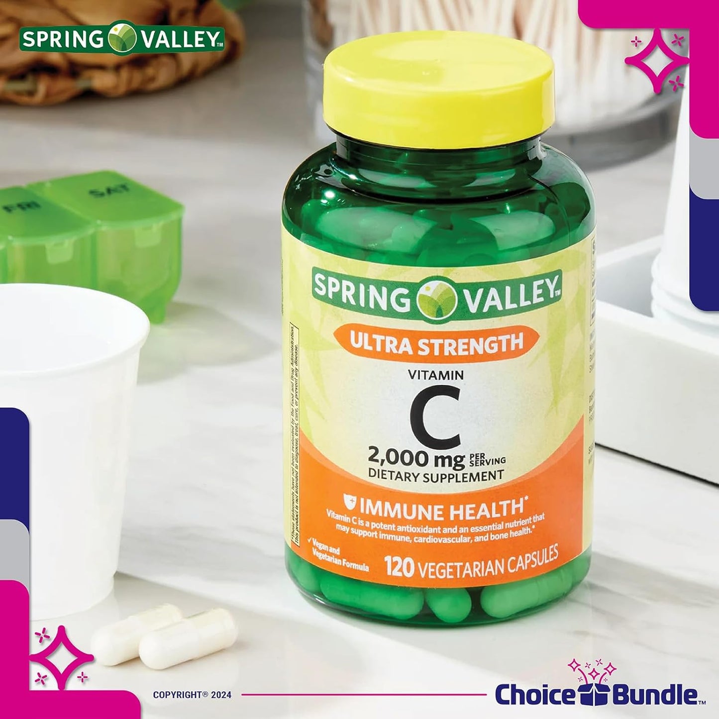 Spring Valley Ultra Strength Vitamin C Capsules 2,000 mg 120 Ct 4 pk Bundle with Vitamin Guide & Pill Container (480 Total)