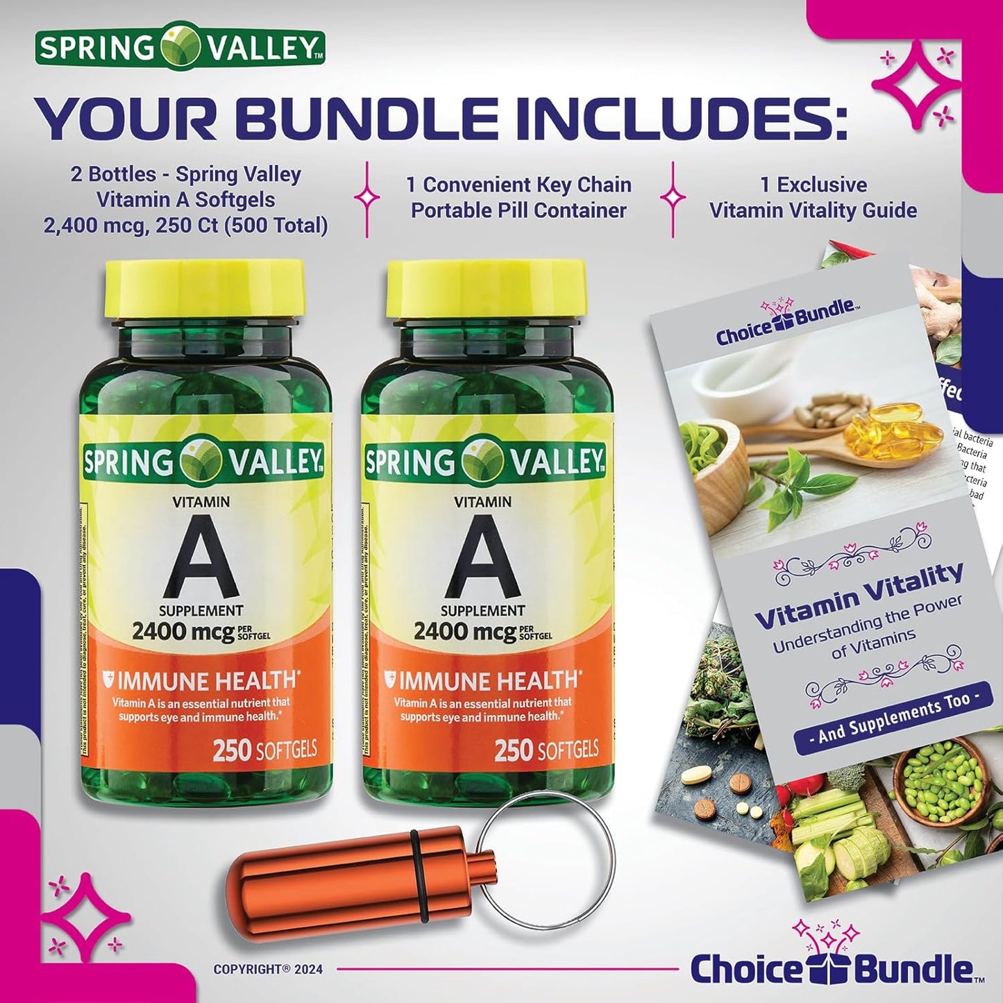 Spring Valley Vitamin A Softgels 2400 mcg 2-Pack Bundle with 500 Total Softgels, Vitamin Vitality Guide, and Pill Container - 4 Items Set