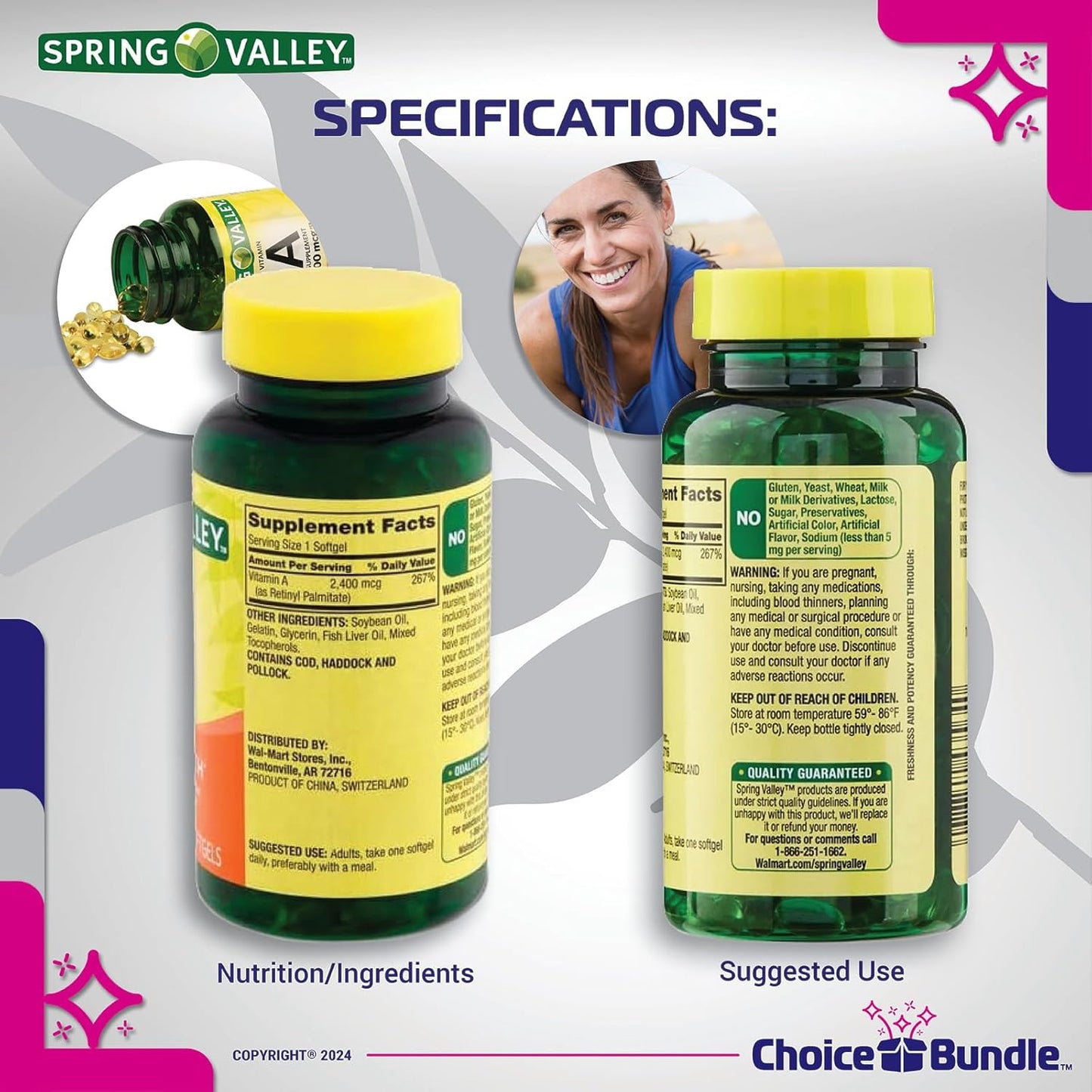 Spring Valley Vitamin A Softgels 2400 mcg 2-Pack Bundle with 500 Total Softgels, Vitamin Vitality Guide, and Pill Container - 4 Items Set