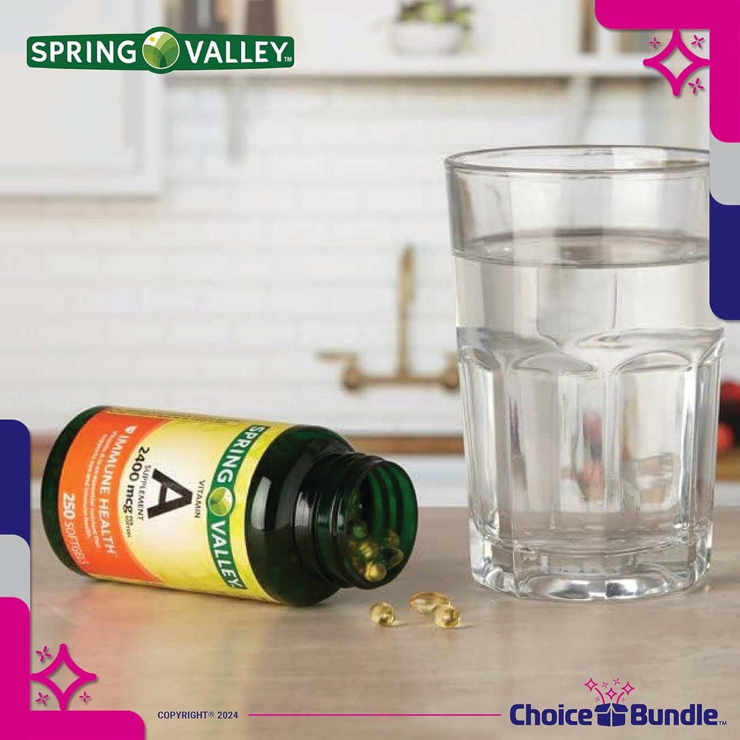 Spring Valley Vitamin A Softgels 2400 mcg 2-Pack Bundle with 500 Total Softgels, Vitamin Vitality Guide, and Pill Container - 4 Items Set