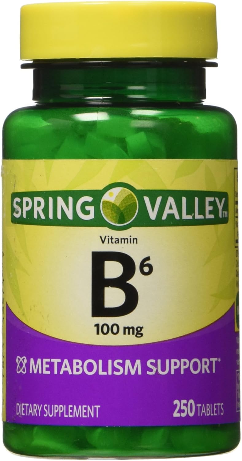 Spring Valley Vitamin B-6 (Pyridoxine) 100 mg - 250 Tablets - Essential Nutrient for Energy Production and Overall Health