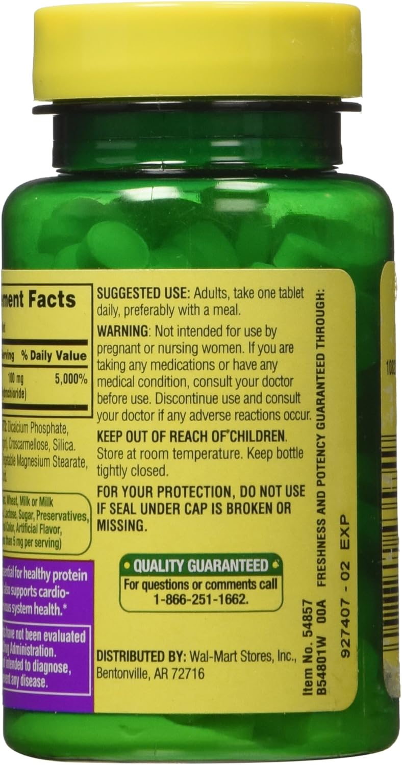 Spring Valley Vitamin B-6 (Pyridoxine) 100 mg - 250 Tablets - Essential Nutrient for Energy Production and Overall Health