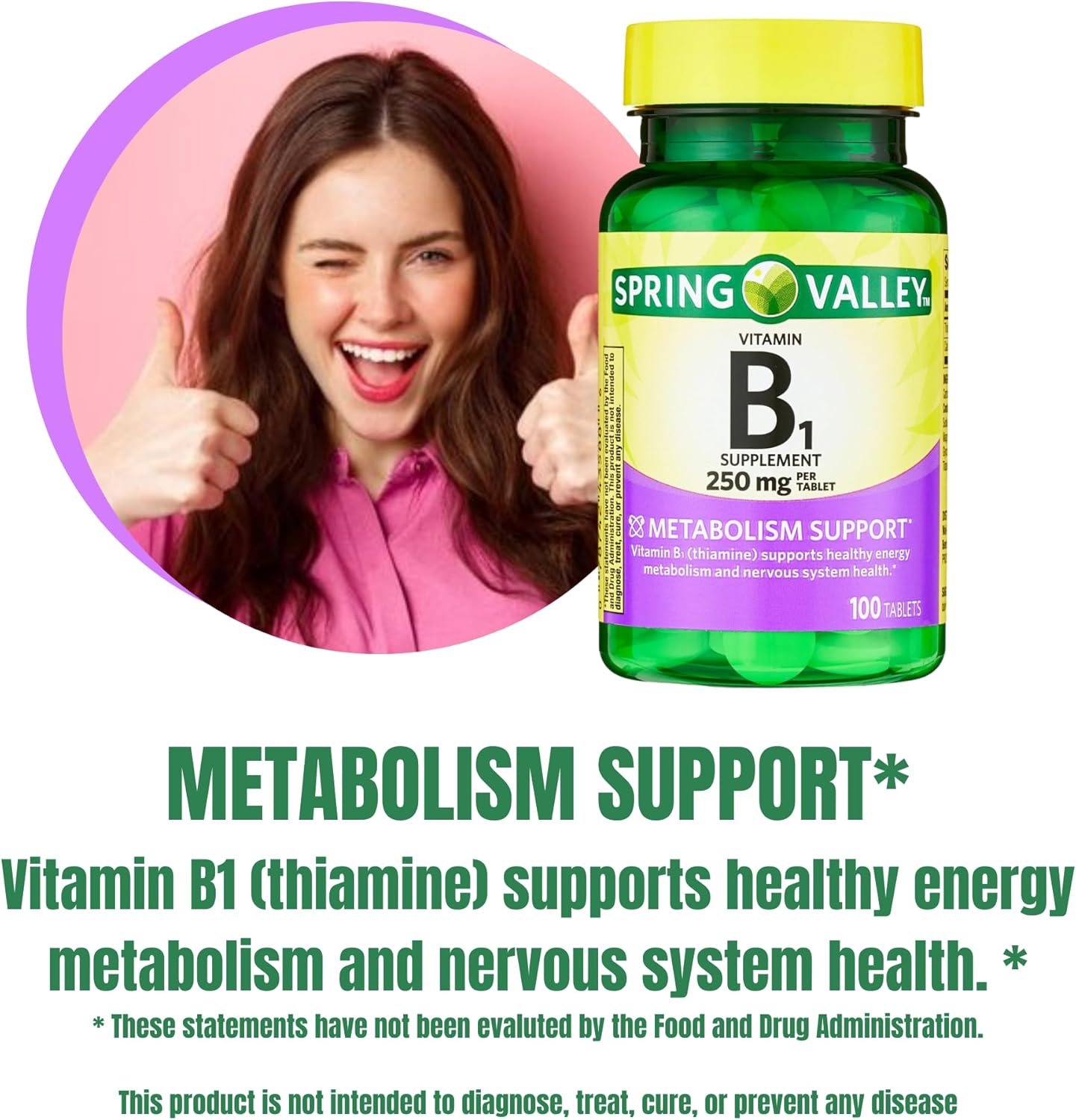 Spring Valley Vitamin B1 (Thiamine) 250mg Tablets - Pack of 2, 100 Count - Energy & Metabolism Support, Fat & Protein Breakdown