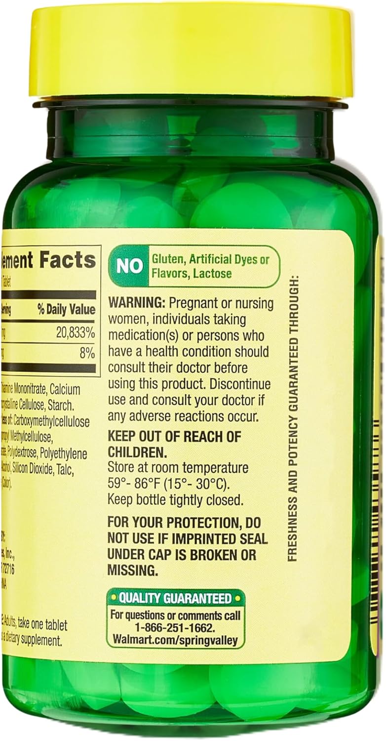 Spring Valley Vitamin B1 (Thiamine) 250mg Tablets - Pack of 2, 100 Count - Energy & Metabolism Support, Fat & Protein Breakdown