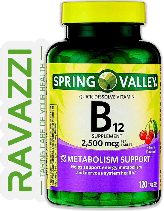 Spring Valley Vitamin B12 2500 MCG Quick-Dissolve Cherry Flavor Tablets, 120 Count with Ravazzii Sticker