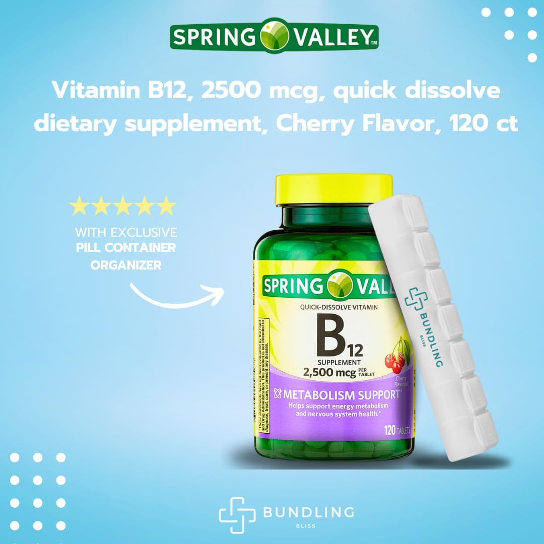 Spring Valley Vitamin B12 2500 MCG Quick-Dissolve Cherry Tablets with 7 Day Pill Organizer - 120 Count Pack