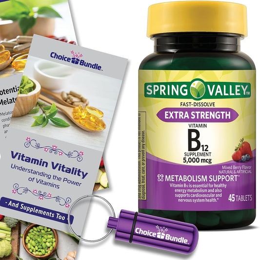 Spring Valley Vitamin B12 Fast Dissolve Tablets 5000 mcg Bundle Pack with Vitamin Guide & Pill Container - 45 Ct - Metabolism Support