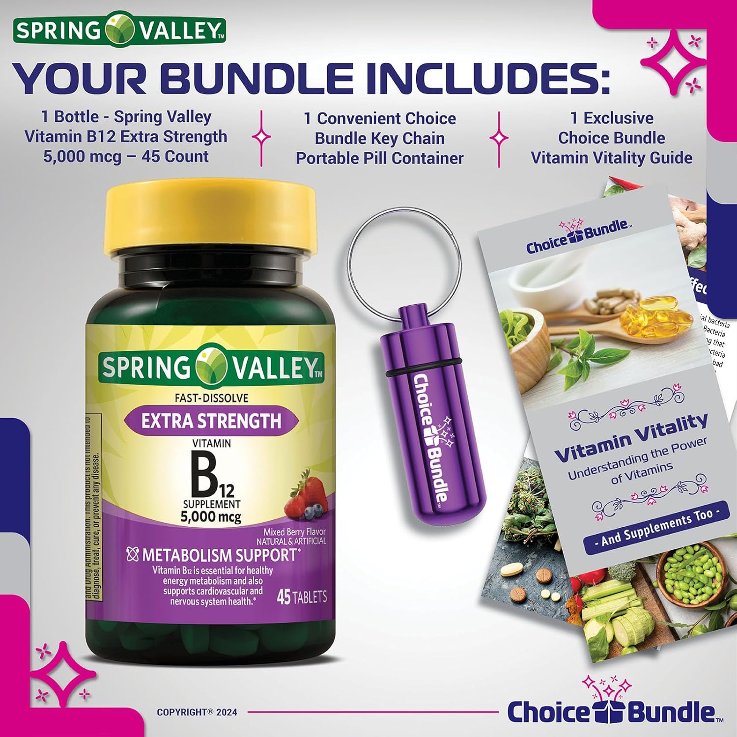 Spring Valley Vitamin B12 Fast Dissolve Tablets 5000 mcg Bundle Pack with Vitamin Guide & Pill Container - 45 Ct - Metabolism Support