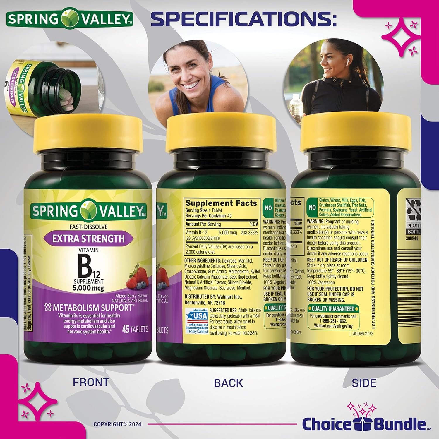 Spring Valley Vitamin B12 Fast Dissolve Tablets 5000 mcg Bundle Pack with Vitamin Guide & Pill Container - 45 Ct - Metabolism Support