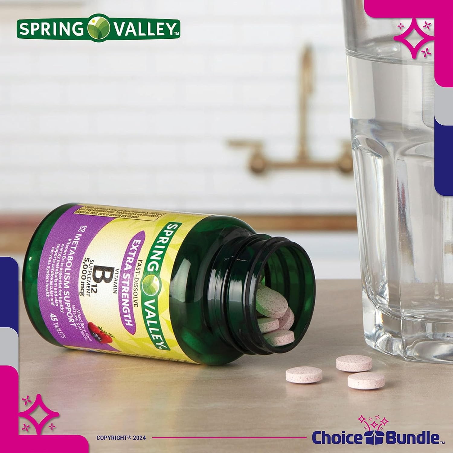 Spring Valley Vitamin B12 Fast Dissolve Tablets 5000 mcg Bundle Pack with Vitamin Guide & Pill Container - 45 Ct - Metabolism Support