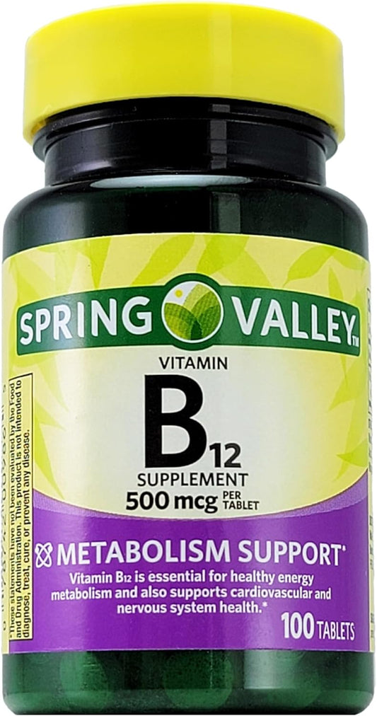 Spring Valley Vitamin B12 Supplement 500 mcg - Promotes Health and Wellness with 100 Tablets for Energy Support