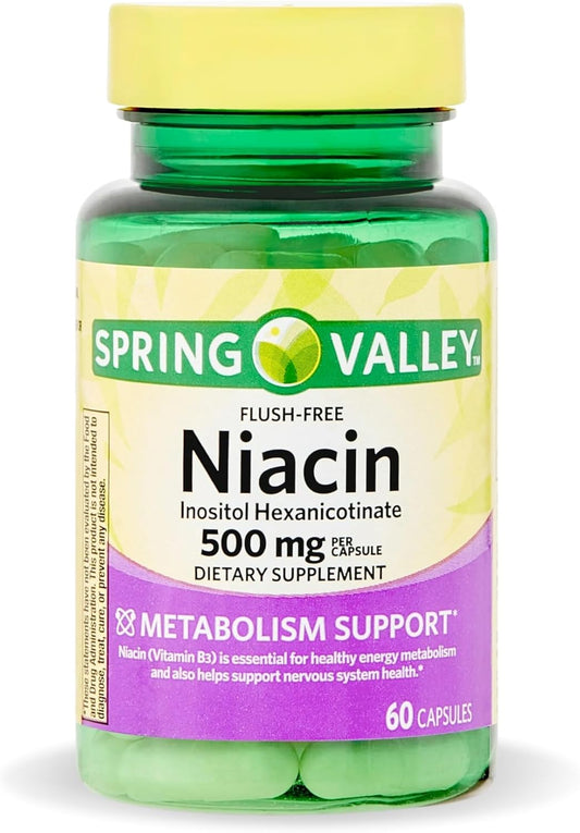 Spring Valley Vitamin B3 Niacin 500mg Flush Free Capsules - 60 Pills, Dietary Supplement