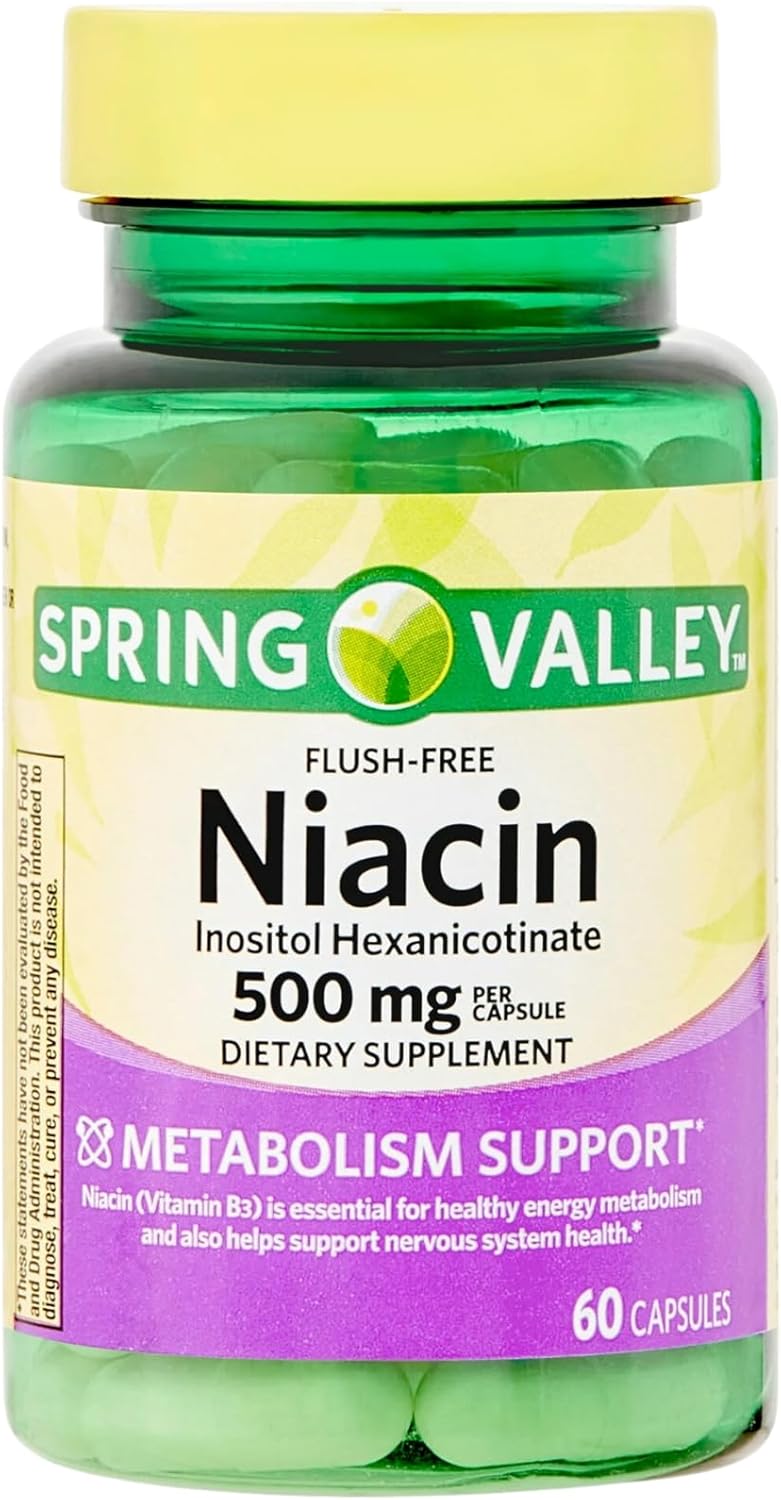 Spring Valley Vitamin B3 Niacin 500mg Flush Free Capsules - 60 Pills, Dietary Supplement