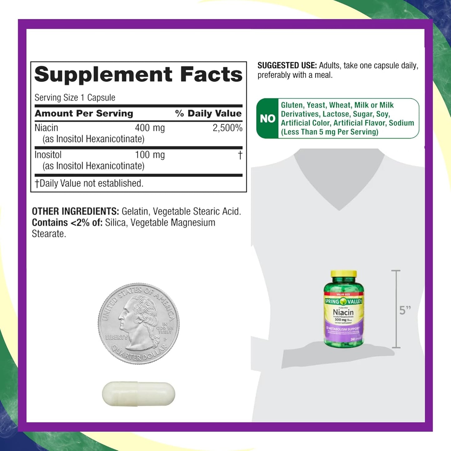 Spring Valley Vitamin B3 Niacin 500mg Flush Free Capsules - 240 Pills